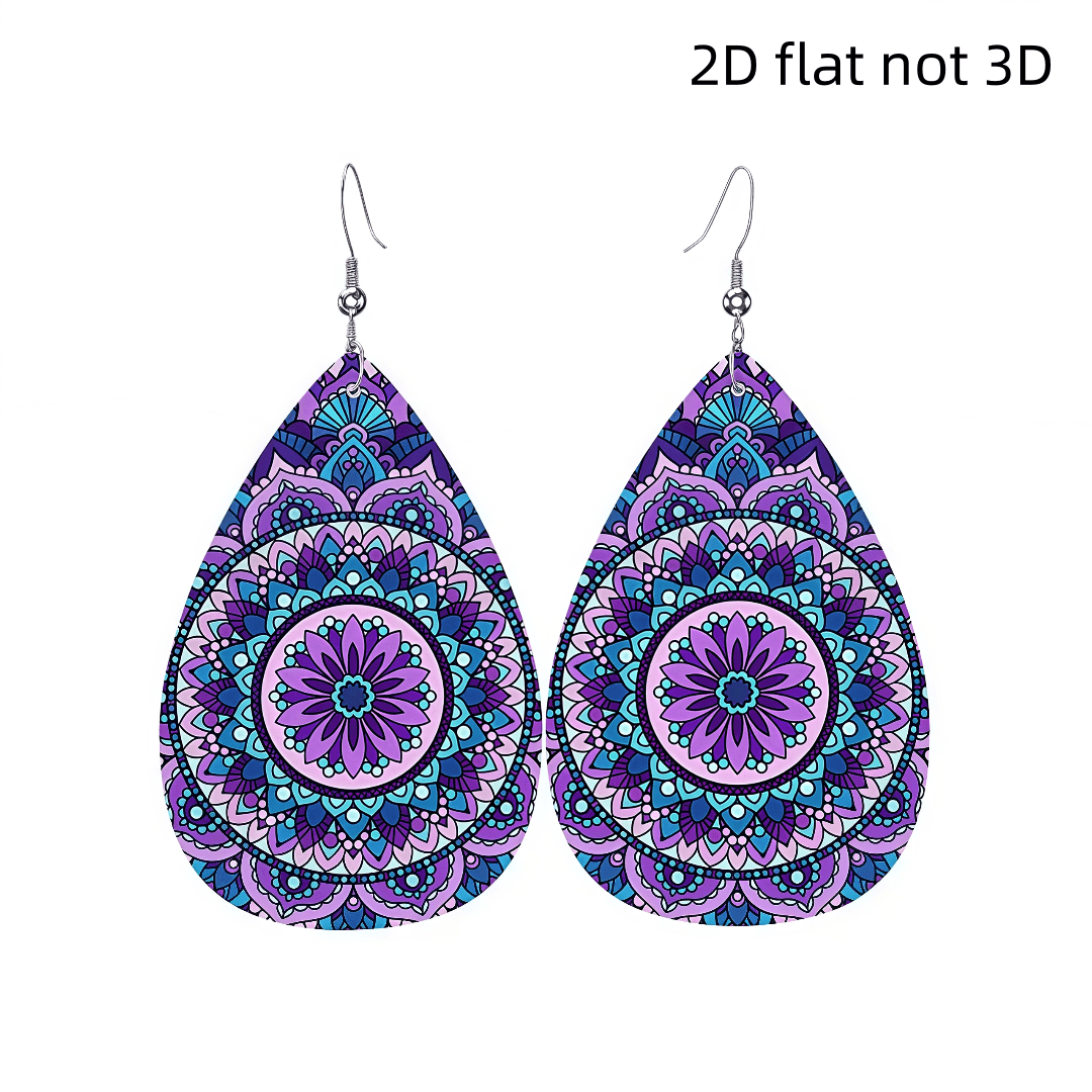 Women's Mandala Pattern 2D Flat Earrings, Unique Design